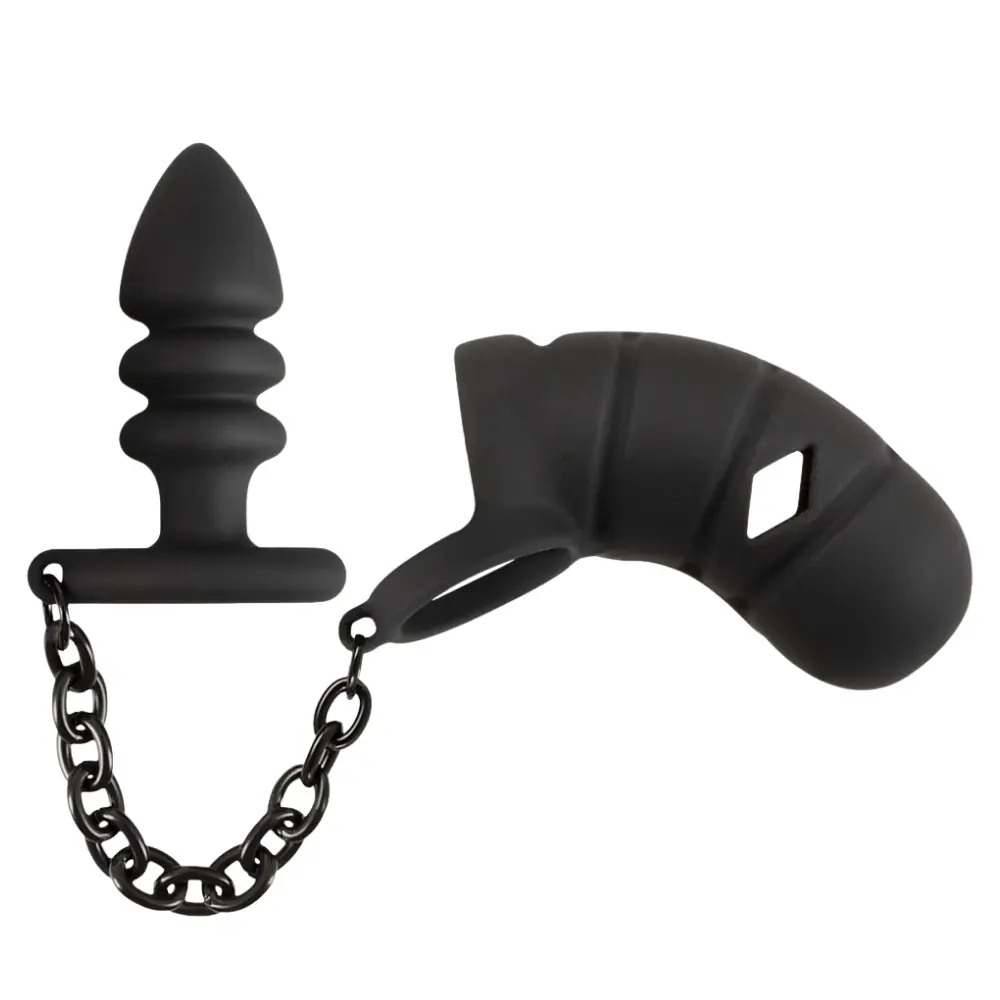 Black Velvets kavez za penis s analnim čepom i zaključavanjem penisa
